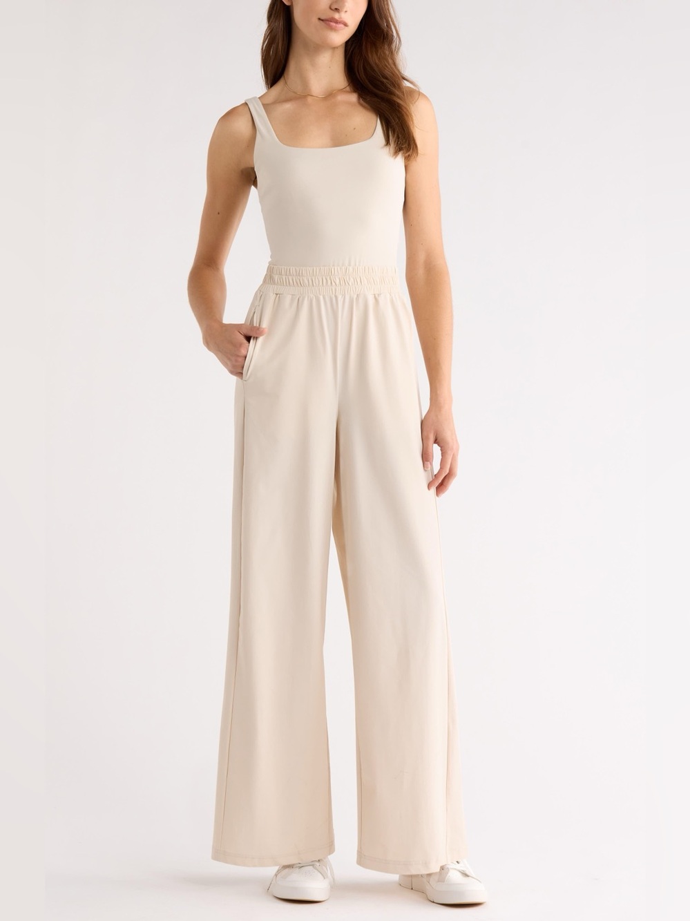 ZELLA Transit Wide Leg Jumpsuit Natural Beige Cutout Built In Bra Small Like New